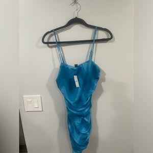 NWT Blue Wave Pattern Ruched Mini Dress (Adjustable Straps)